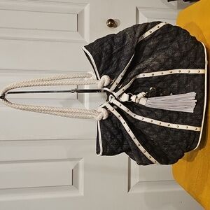 Sharif Quilted Black Denim Fabric & Braided Leather Straps Shoulder Bag NWOT